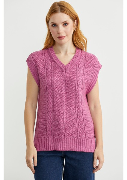 Yünlü V Yaka Triko Süveter - Gül