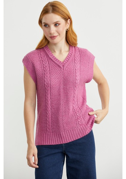Yünlü V Yaka Triko Süveter - Gül modelleri