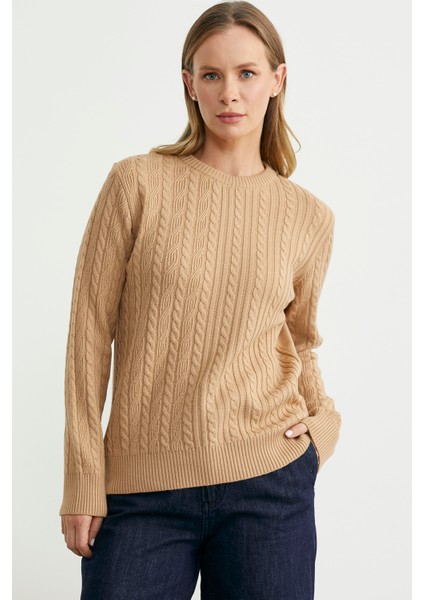 Sıfır Yaka Motif Detaylı Triko Kazak - Kamel