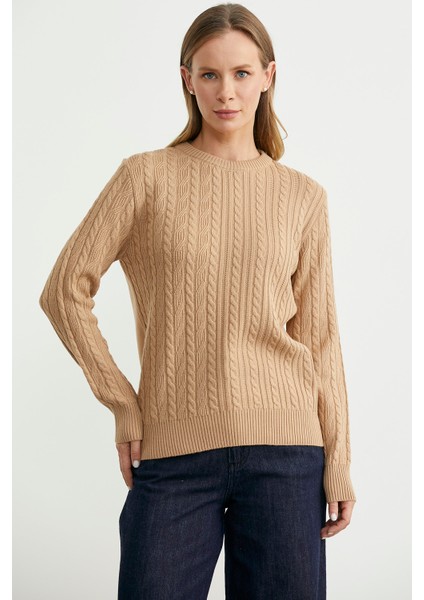 Sıfır Yaka Motif Detaylı Triko Kazak - Kamel fiyatları