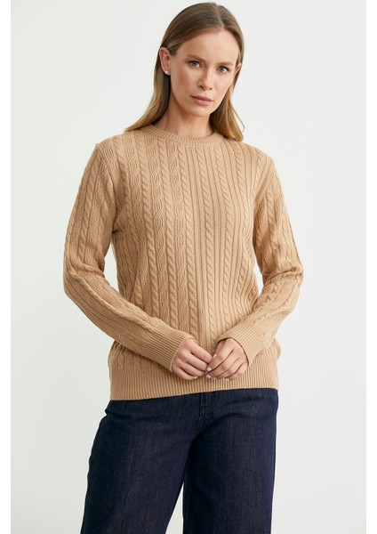 Sıfır Yaka Motif Detaylı Triko Kazak - Kamel fırsatları