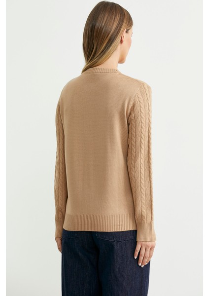 Sıfır Yaka Motif Detaylı Triko Kazak - Kamel indirimleri