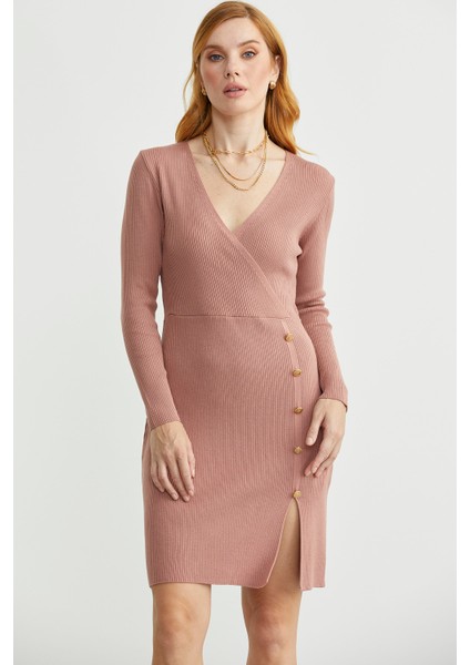 Kruvaze Düğme Detaylı Triko Elbise - Gül fiyatları