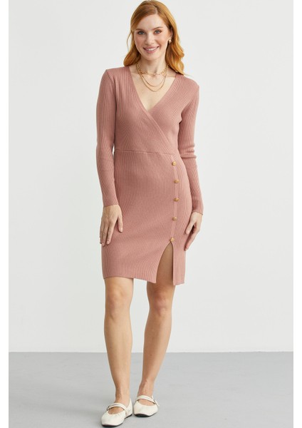 Kruvaze Düğme Detaylı Triko Elbise - Gül modelleri