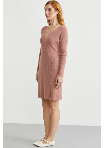 Kruvaze Düğme Detaylı Triko Elbise - Gül fırsatları