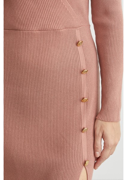 Kruvaze Düğme Detaylı Triko Elbise - Gül indirimleri