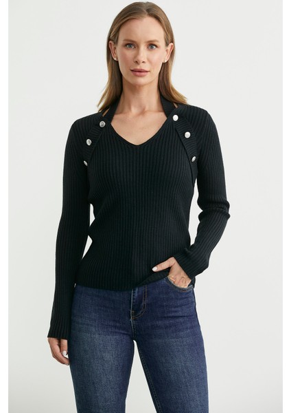 Boyundan Bantlı Fitilli Triko Kazak - Siyah modelleri