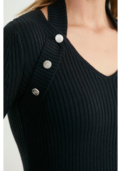 Boyundan Bantlı Fitilli Triko Kazak - Siyah fırsatları