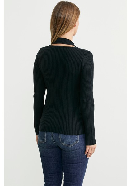 Boyundan Bantlı Fitilli Triko Kazak - Siyah indirimleri