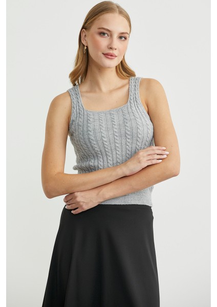 Saç Örgü Kare Yaka Triko Atlet - Açık Gri indirimleri