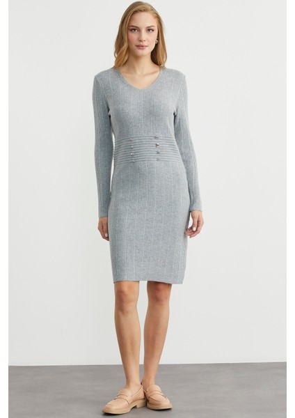 Düğme Detaylı V Yaka Triko Elbise - Gri