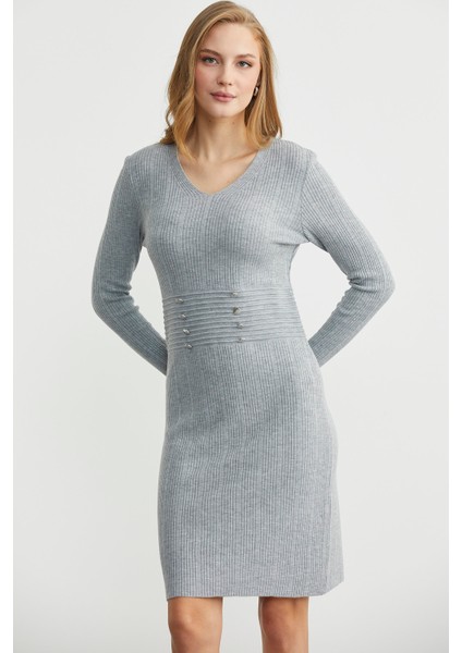Düğme Detaylı V Yaka Triko Elbise - Gri modelleri