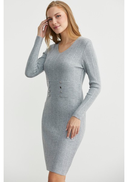 Düğme Detaylı V Yaka Triko Elbise - Gri fırsatları