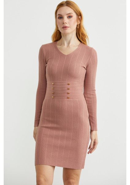 Düğme Detaylı V Yaka Triko Elbise - Gül fiyatları