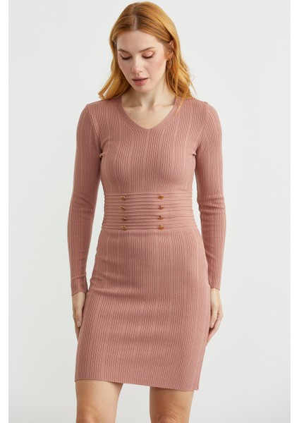 Düğme Detaylı V Yaka Triko Elbise - Gül modelleri