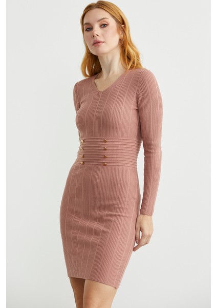 Düğme Detaylı V Yaka Triko Elbise - Gül fırsatları