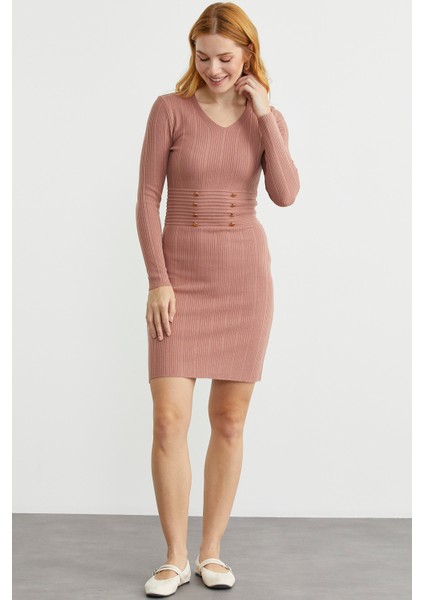 Düğme Detaylı V Yaka Triko Elbise - Gül indirimleri