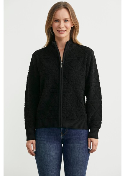 Geometrik Motifli Fermuarlı Yünlü Triko Hırka - Siyah