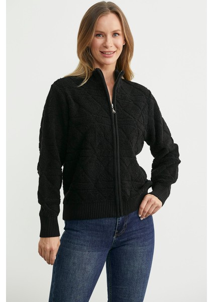 Geometrik Motifli Fermuarlı Yünlü Triko Hırka - Siyah fiyatları