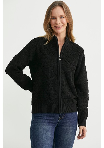 Geometrik Motifli Fermuarlı Yünlü Triko Hırka - Siyah modelleri