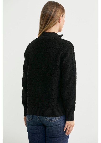 Geometrik Motifli Fermuarlı Yünlü Triko Hırka - Siyah indirimleri