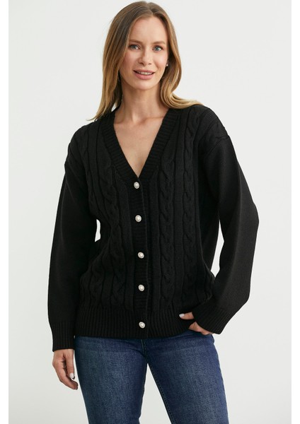 Inci Düğme Detaylı Triko Hırka - Siyah