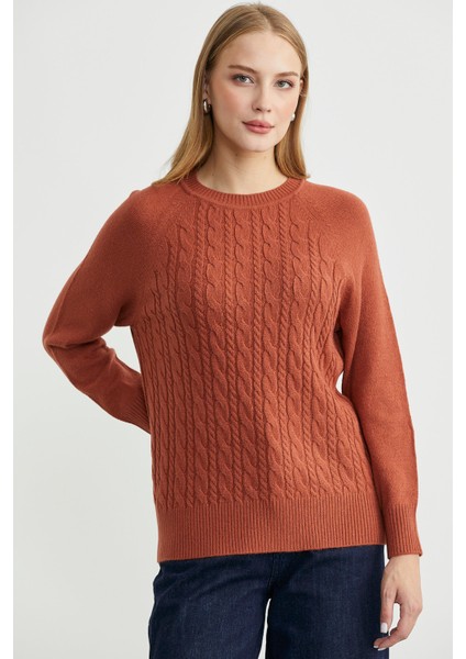 Motifli Daire Yaka Triko Kazak - Taba fiyatları