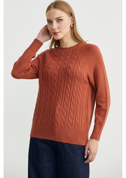 Motifli Daire Yaka Triko Kazak - Taba modelleri