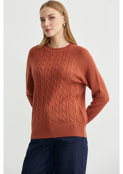 Motifli Daire Yaka Triko Kazak - Taba fırsatları