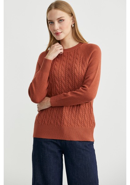 Motifli Daire Yaka Triko Kazak - Taba indirimleri