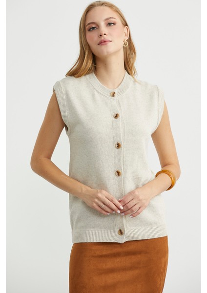Düğme Kapamalı Yünlü Triko Yelek - Taş