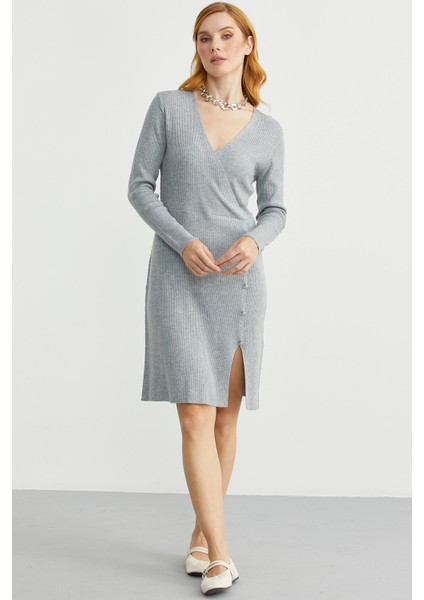 Kruvaze Düğme Detaylı Triko Elbise - Gri fiyatları