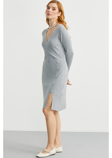 Kruvaze Düğme Detaylı Triko Elbise - Gri modelleri