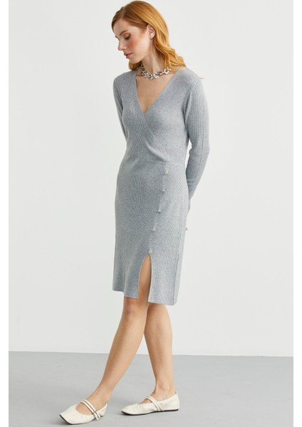 Kruvaze Düğme Detaylı Triko Elbise - Gri fırsatları