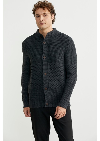 Petek Motifli Dik Yaka Triko Hırka - Antrasit