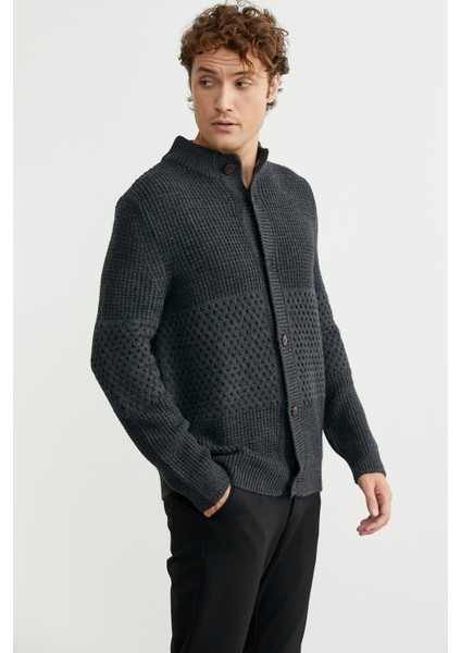 Petek Motifli Dik Yaka Triko Hırka - Antrasit modelleri