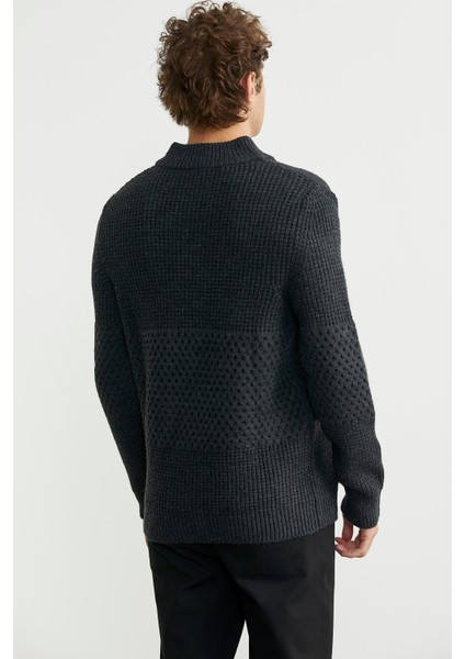 Petek Motifli Dik Yaka Triko Hırka - Antrasit indirimleri