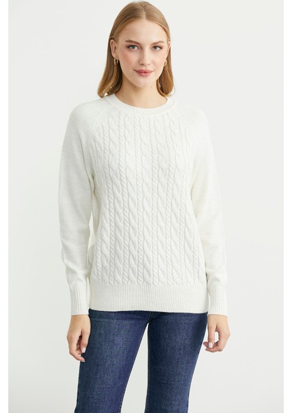 Motifli Daire Yaka Triko Kazak - Kemik fiyatları