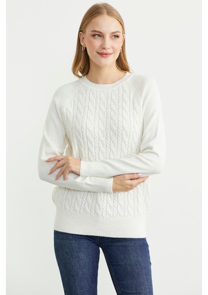 Motifli Daire Yaka Triko Kazak - Kemik fırsatları