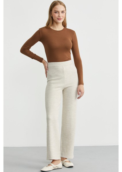 Yanı Motifli Rahat Kalıp Triko Pantolon - Taş