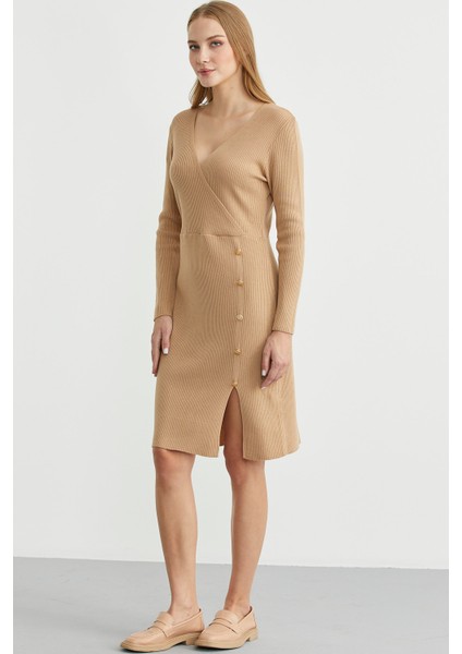 Kruvaze Düğme Detaylı Triko Elbise - Kamel fiyatları
