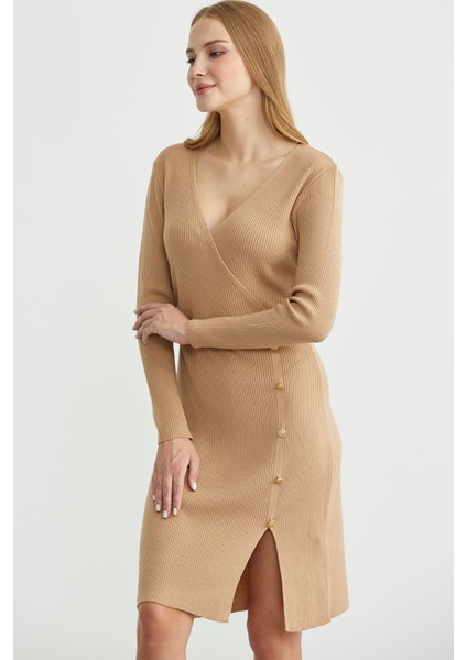Kruvaze Düğme Detaylı Triko Elbise - Kamel modelleri