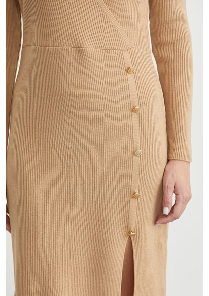 Kruvaze Düğme Detaylı Triko Elbise - Kamel indirimleri