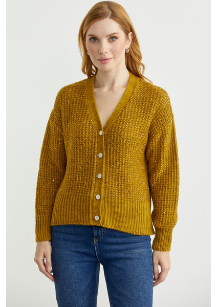 Payet Detaylı Yünlü Triko Hırka - Hardal