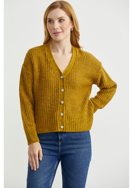 Payet Detaylı Yünlü Triko Hırka - Hardal fiyatları