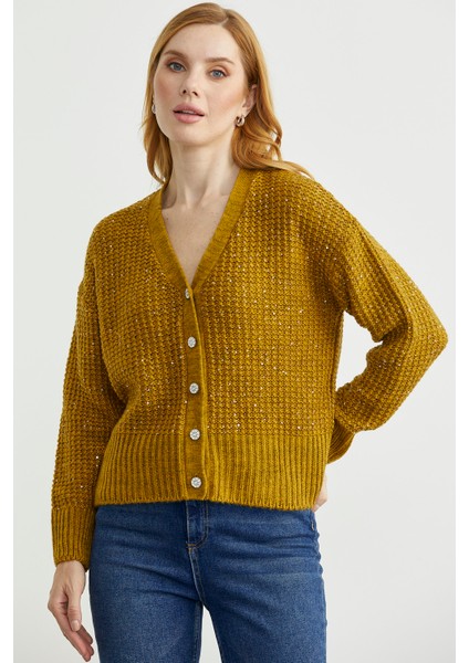 Payet Detaylı Yünlü Triko Hırka - Hardal modelleri