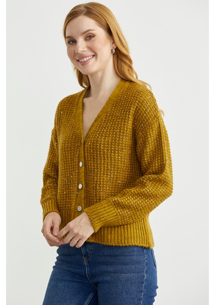 Payet Detaylı Yünlü Triko Hırka - Hardal fırsatları