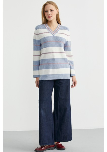 Çizgili V Yaka Triko Kazak - Mavi