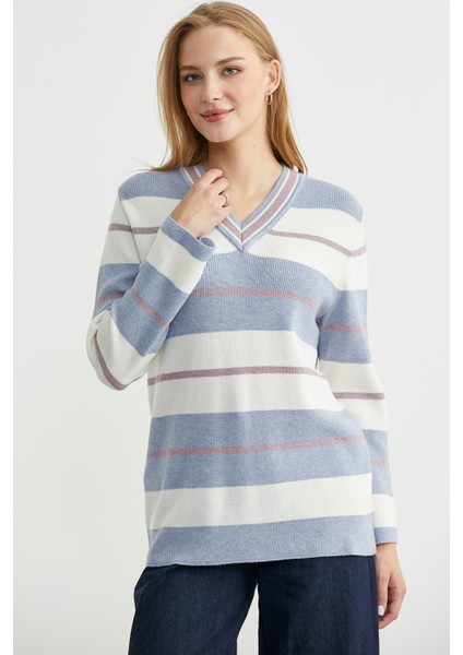 Çizgili V Yaka Triko Kazak - Mavi fiyatları