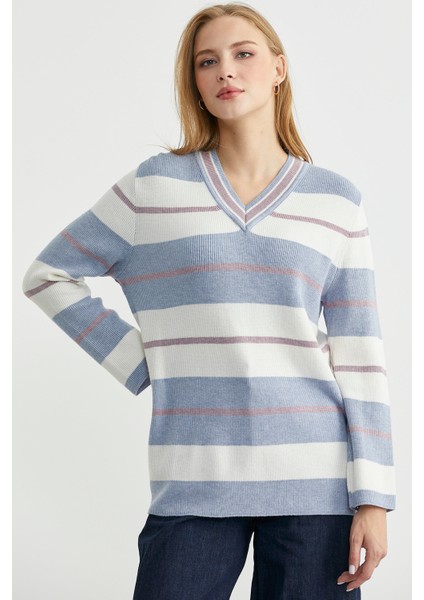 Çizgili V Yaka Triko Kazak - Mavi modelleri